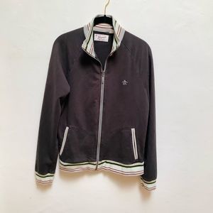 VINTAGE PENGUIN JACKET ZIP UP BLACK WITH STRIPED DETAIL SMALL